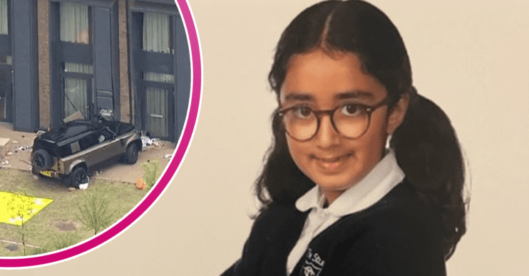 Image of a car crashed into a school in Wimbledon and school photo of a girl who died