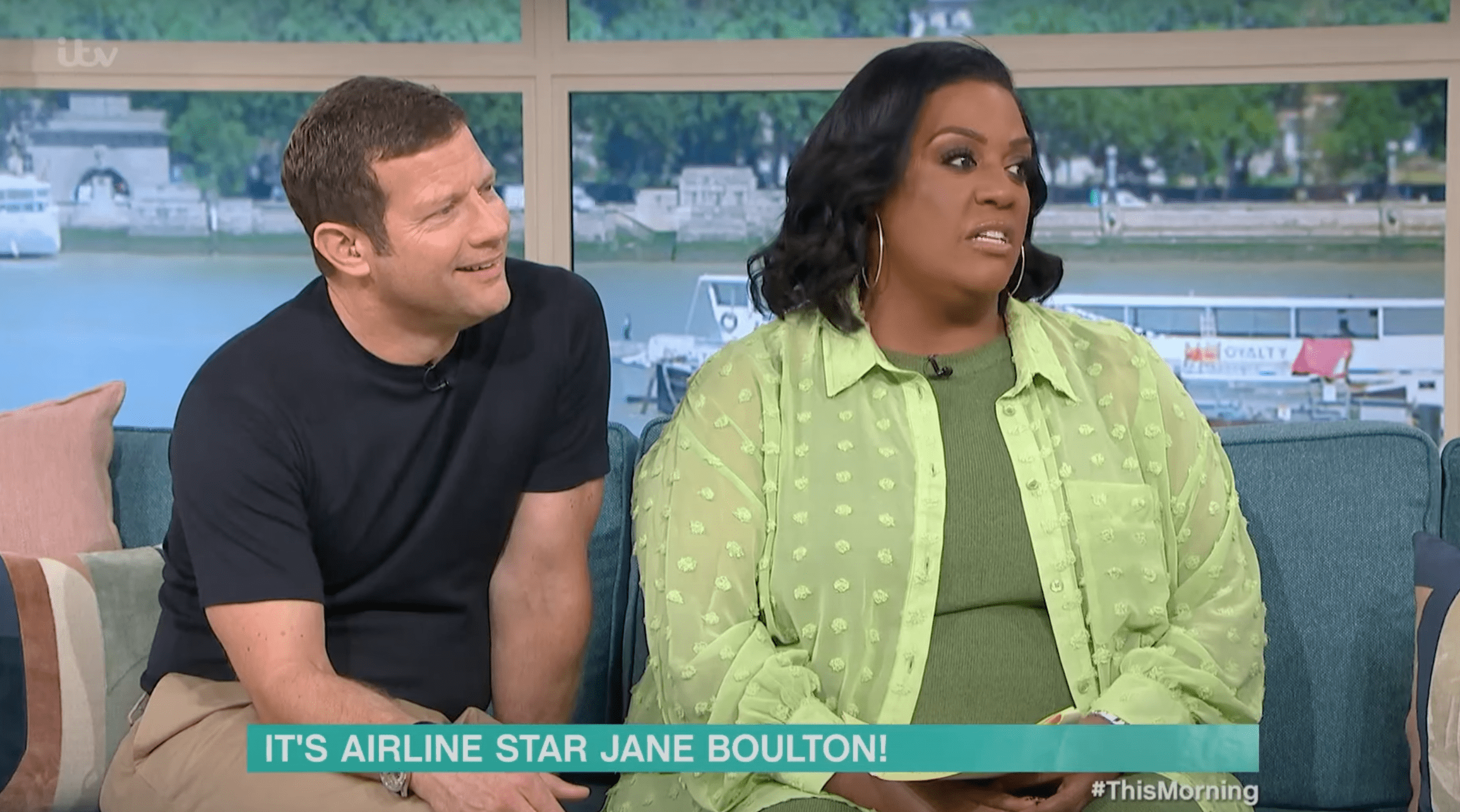 Alison Hammond in green and Dermot O'Leary next to her presenting This Morning