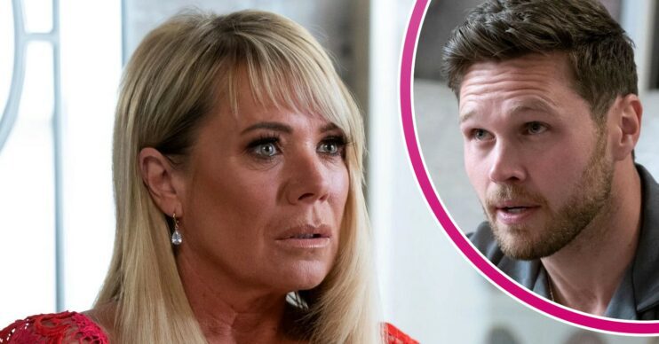 Sharon looks shocked on EastEnders; inset, Keanu is enraged (Credit: BBC/Composite: ED!)