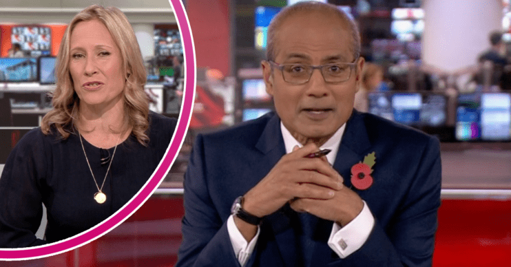 Sophie Raworth wearing black and George Alagiah in the BBC newsroom