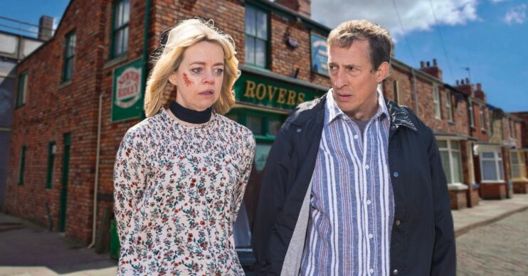 Spider and Toyah on a background of Coronation Street