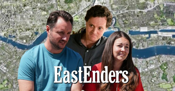 Martin and Stacey looking happy on EastEnders; in the background, Theo looking creepy (Credit: BBC/Composite: ED!)