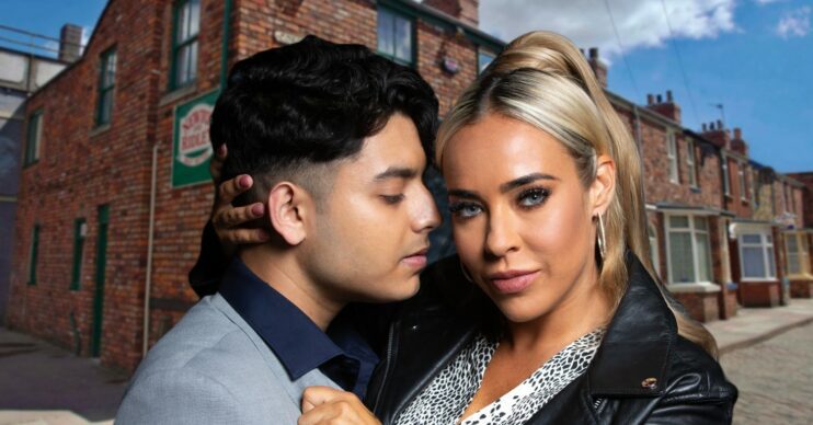 Aadi and Courtney on a background of Coronation Street