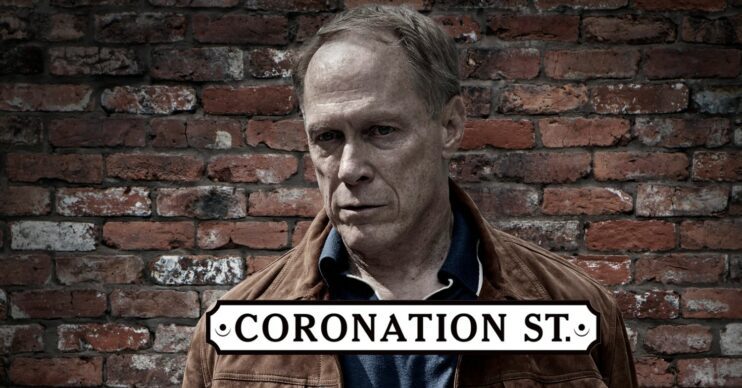 Stephen looking sinister in Corrie publicity pic next to show logo (Credit: ITV/Composite: ED!)
