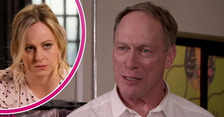 Stephen looking dodgy on Coronation Street; inset, Sarah looks worried and upset (Credit: ITV/Composite: ED!)