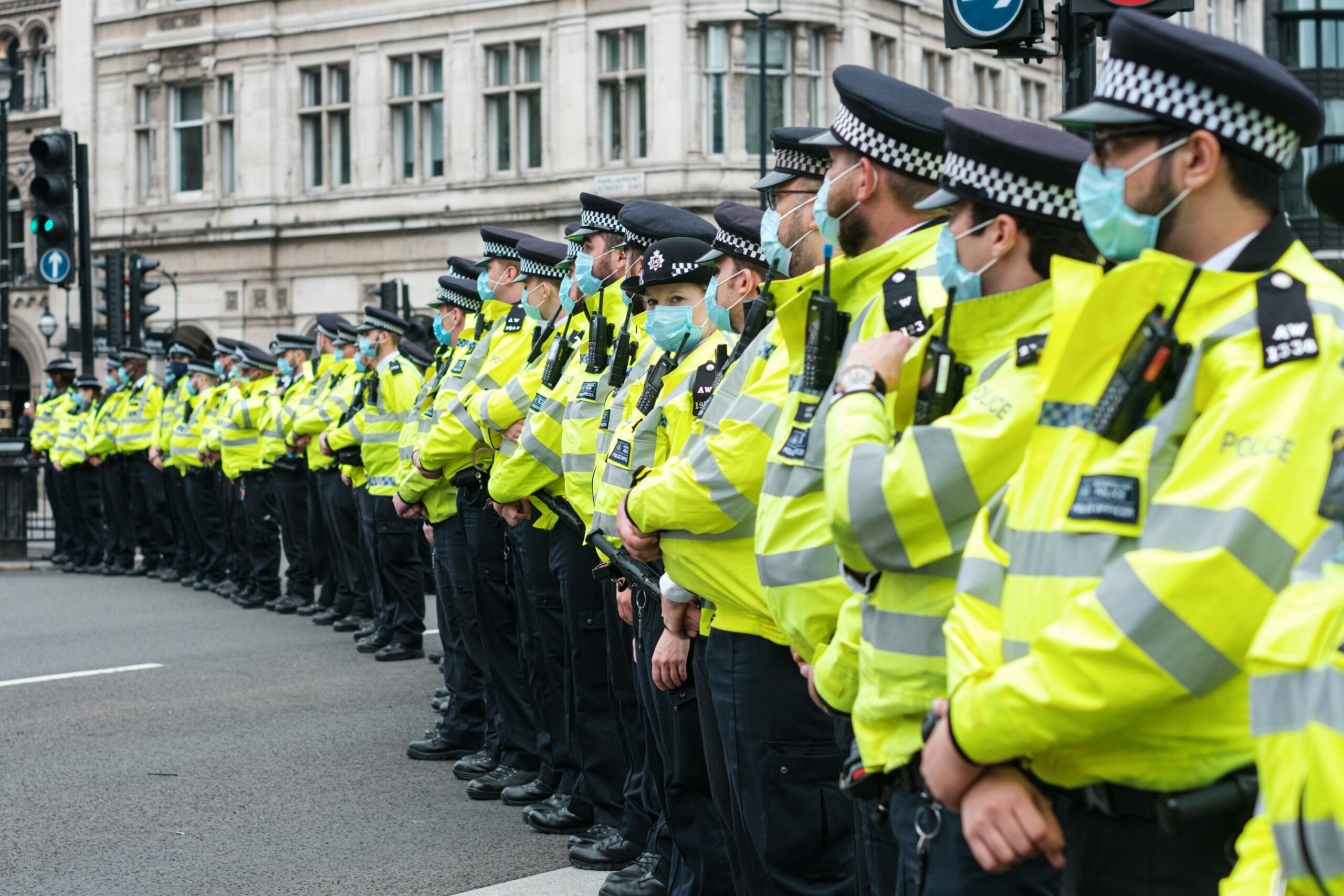 Police officers stood in a line