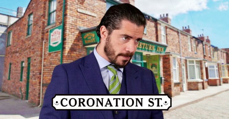 Adam Barlow in his signature suit and tie on Corrie; inset, Rovers background and soap logo (Credit: ITV/Composite: ED!)