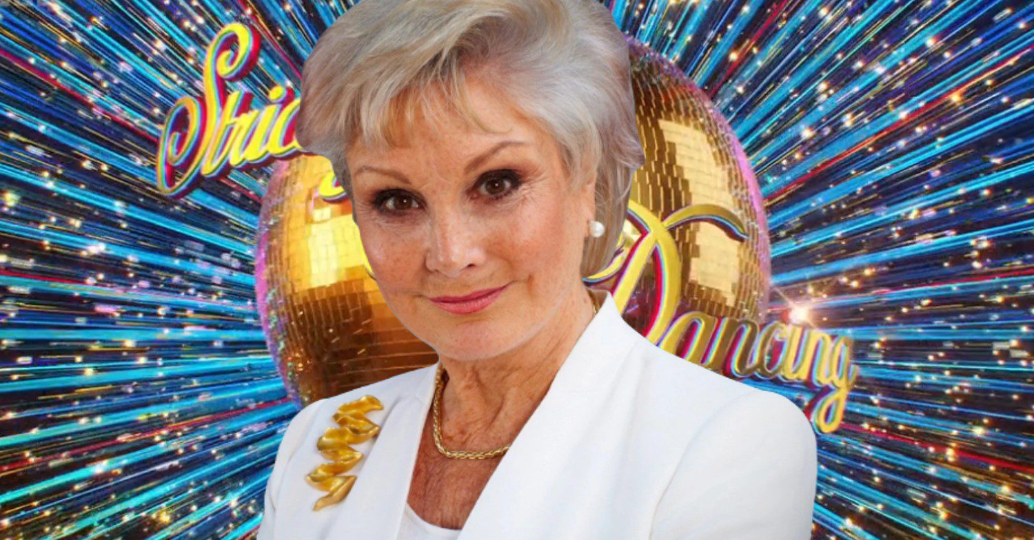 Angela Rippon in front of Strictly logo