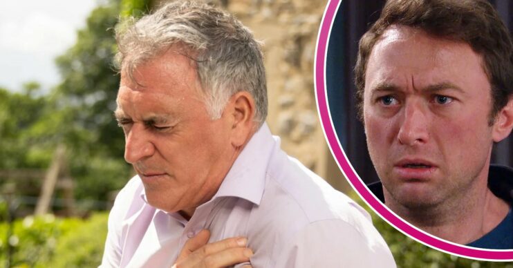 Bob clutching his heart on Emmerdale; inset, Liam looks horrified (Credit: ITV/Composite: ED!)