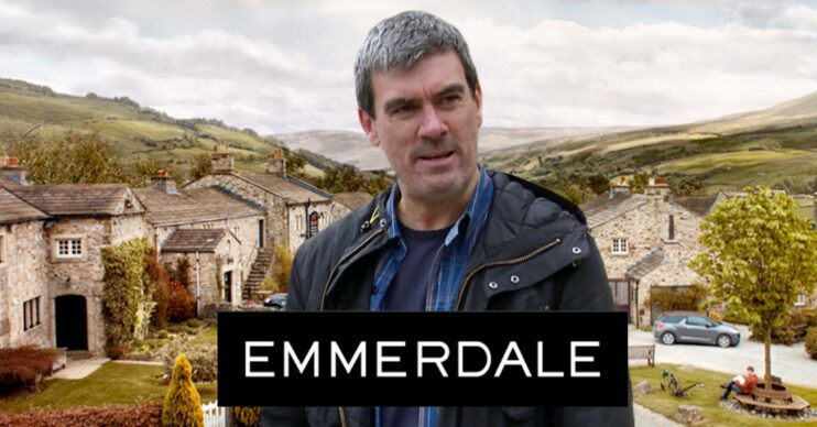 Cain looking shady on Emmerdale against soap background and logo (Credit: ITV/Composite: ED!)