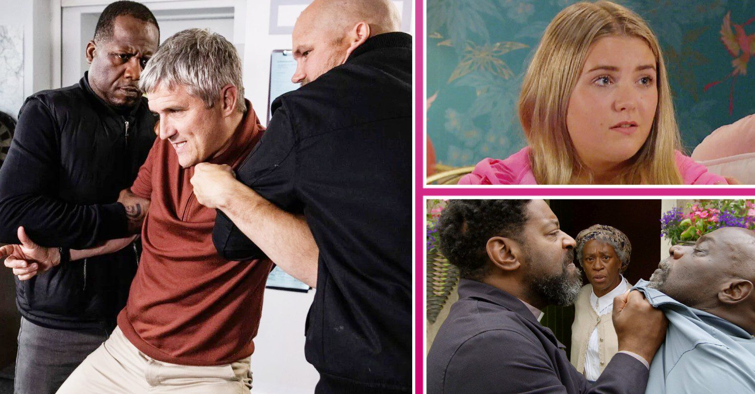 Composite image; Caleb getting dragged away by Harry's goons; Cathy looking upset; Charles snarling in his father's face on Emmerdale (Credit: ITV/Composite: ED!)