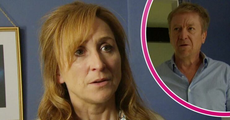 Laurel looks worried on Emmerdale; inset, Colin looking unhinged (Credit: ITV/Composite: ED!)