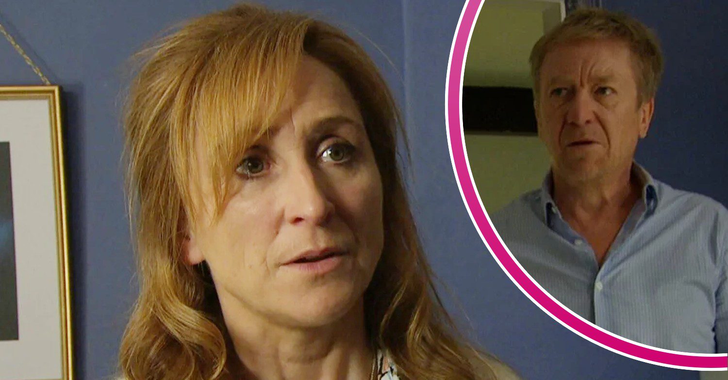Laurel looks worried on Emmerdale; inset, Colin looking unhinged (Credit: ITV/Composite: ED!)