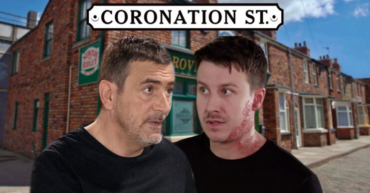 Coronation Street: Peter, Ryan, the Coronation Street logo and background of the Rovers