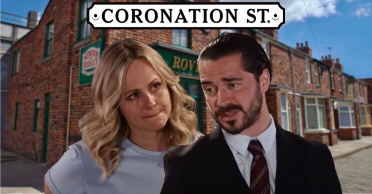 Coronation Street's Sarah, Adam, the Coronation Street logo and background of the Rovers
