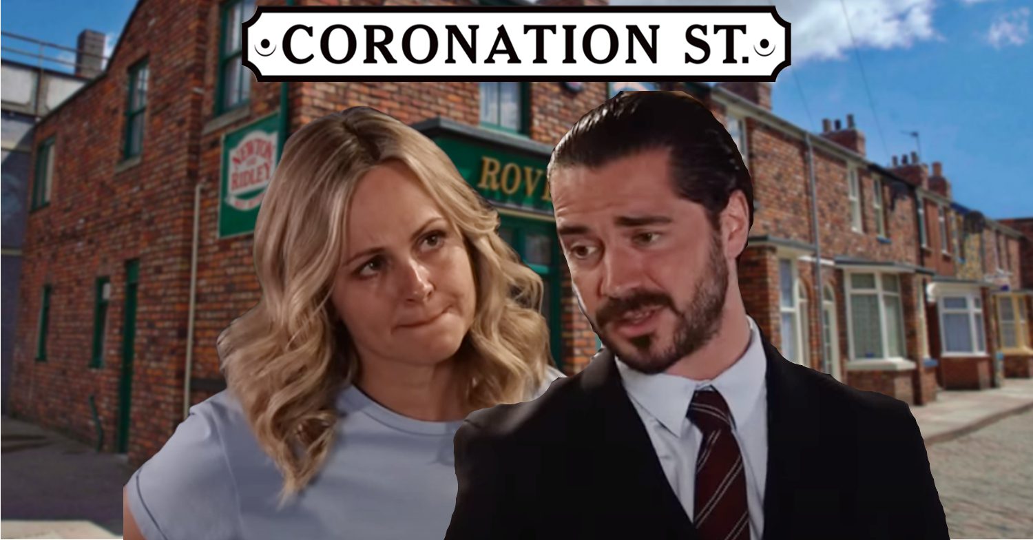 Coronation Street's Sarah, Adam, the Coronation Street logo and background of the Rovers