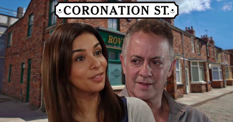 Coronation Street's Sunita, Dev, the Coronation Street logo and background of the Rovers