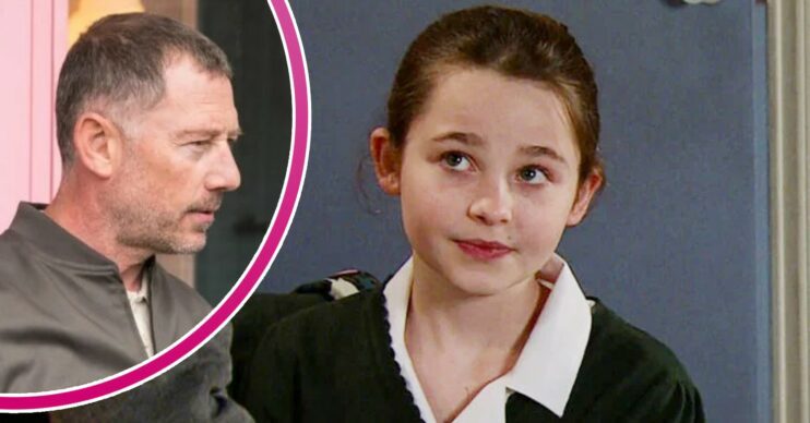 Eliza looking innocent on Coronation Street; inset, her dad (Credit: ITV/Composite: ED!)