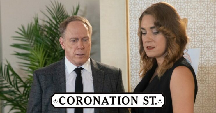 Coronation Street logo with picture of Stephen and Lou behind it comp image