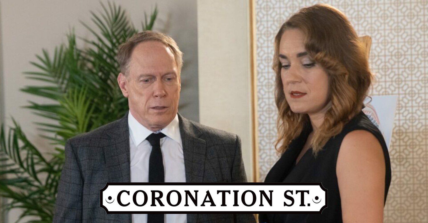 Coronation Street logo with picture of Stephen and Lou behind it comp image
