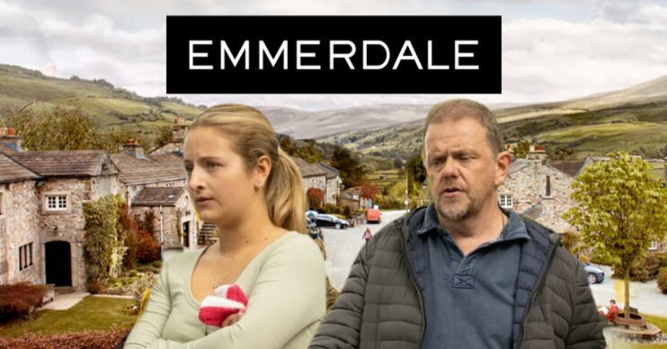 Dan and Amelia looking worried on Emmerdale; inset, soap logo and village background (Credit: ITV/Composite: ED!)