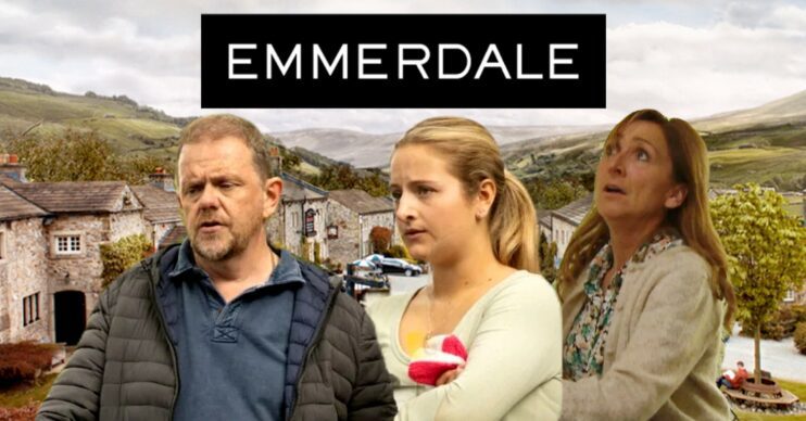 Composite of Dan, Amelia and Laurel on Emmerdale against show logo and background (Credit: ITV/Composite: ED!)