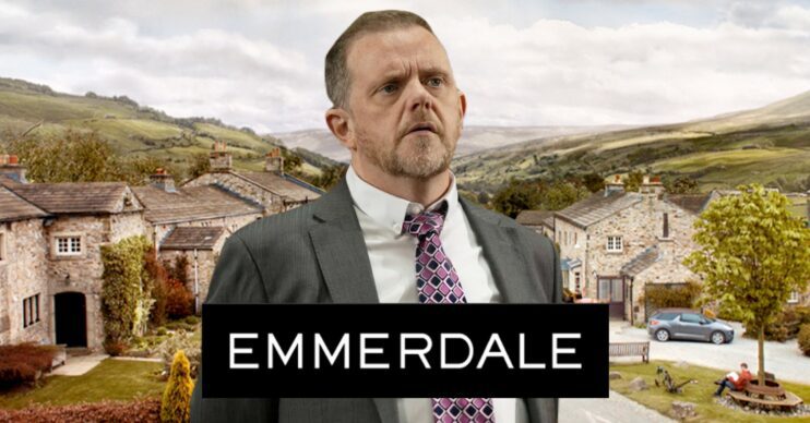 Dan looking worried on Emmerdale; village background and soap logo (Credit: ITV/Composite: ED!)