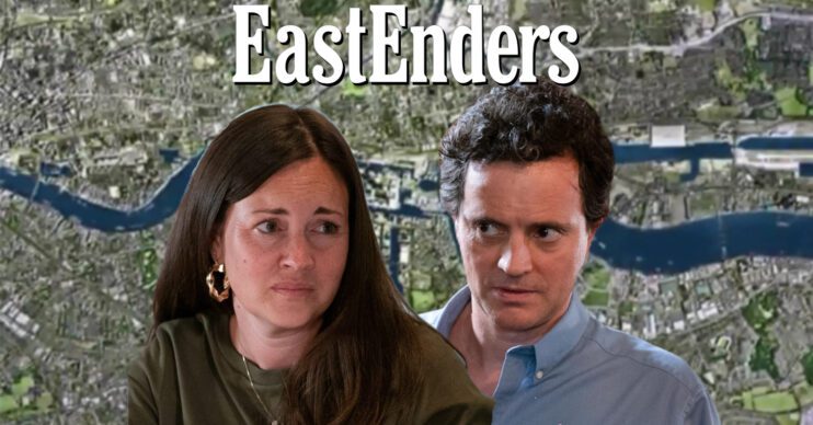 EastEnders' Stacey, Theo, the EastEnders logo and background of the Thames