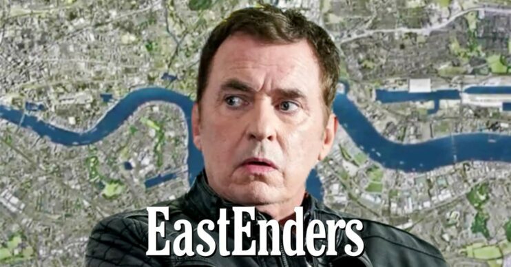 Alfie looking worried on EastDners; inset, logo and Walford background (Credit: BBC/Composite: ED!)