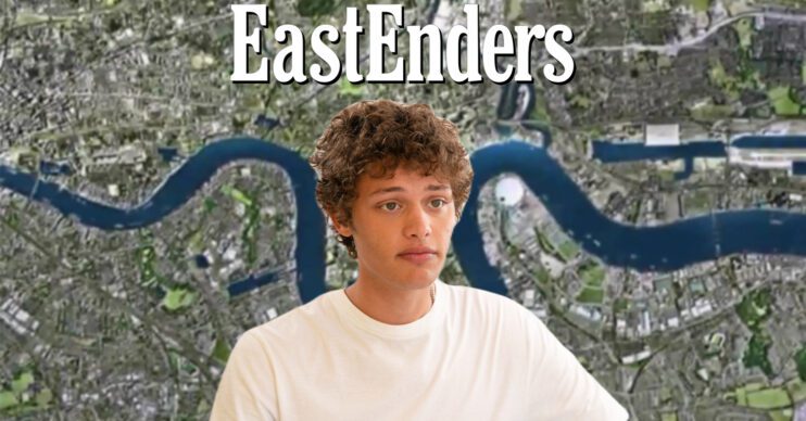 EastEnders' Freddie, the EastEnders logo and background of the Thames