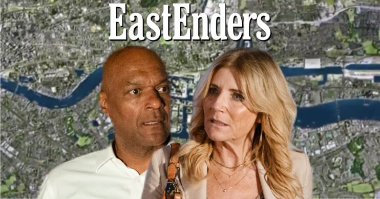 EastEnders' George, Cindy, the EastEnders logo and background of the Thames