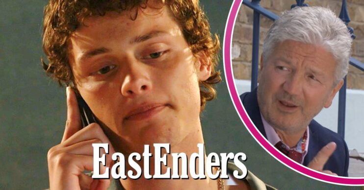 Freddie Slater on the phone in EastEnders with Graham Foster in a bubble comp image