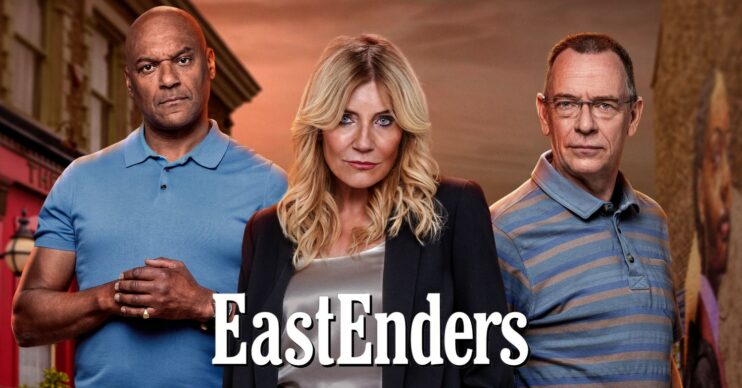 EastEnders comp image: George, Cindy, Ian and the show logo