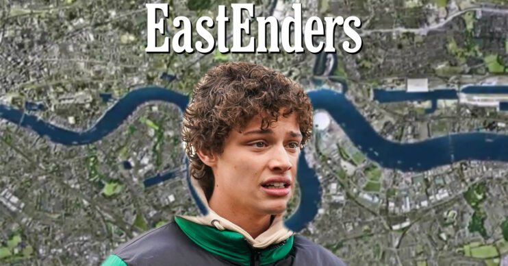 EastEnders' Freddie, the EastEnders logo and background of the Thames