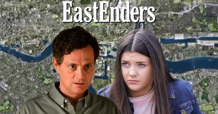 EastEnders' Theo, Lily, the EastEnders logo and background of the Thames