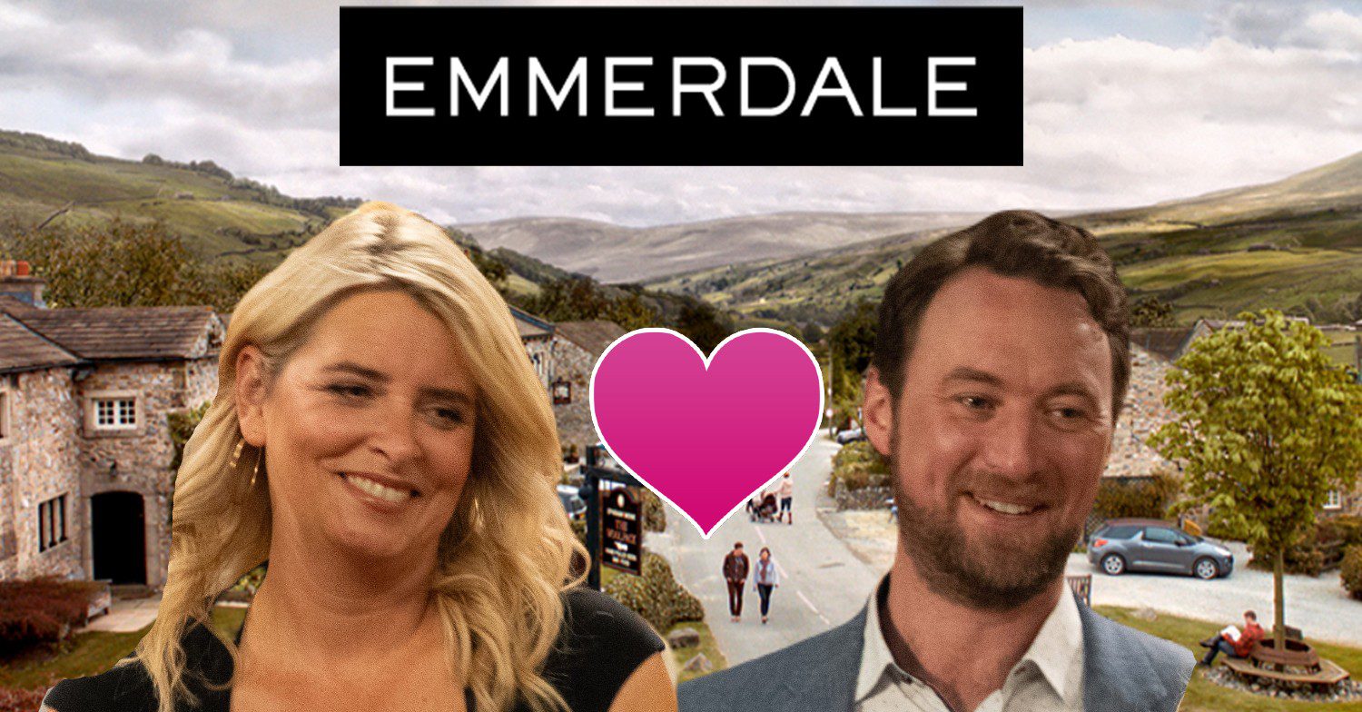 Emmerdale's Charity, Liam, the Emmerdale logo, a pink heart and the background of the Dales