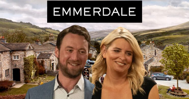 Emmerdale's Liam, Charity, the Emmerdale logo and background of the Dales