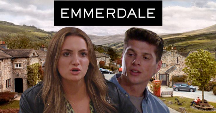Emmerdale's Gabby, Nicky, the Emmerdale logo and background of the Dales