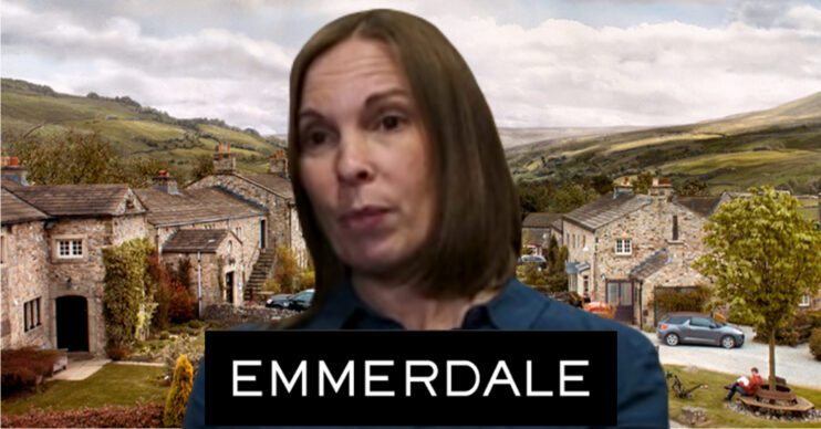 Emmerdale's Jane Hudson, the Emmerdale logo and background of the Dales