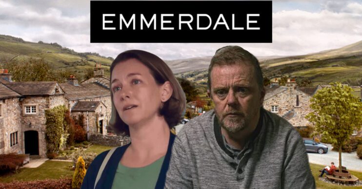 Emmerdale's Julie, Dan, the Emmerdale logo and background of the Dales