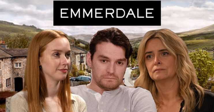 Emmerdale's Chloe, Mack, Charity, the Emmerdale logo and background of the Dales