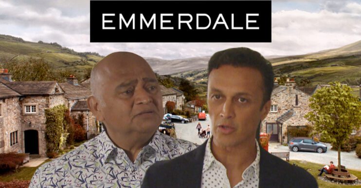 Emmerdale's Rishi, Jai, the Emmerdale logo and background of the Dales