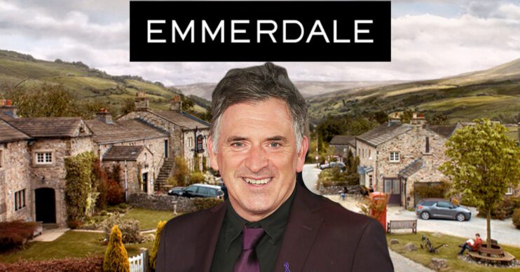 Emmerdale's Tony Audenshaw, the Emmerdale logo and the background of the Dales