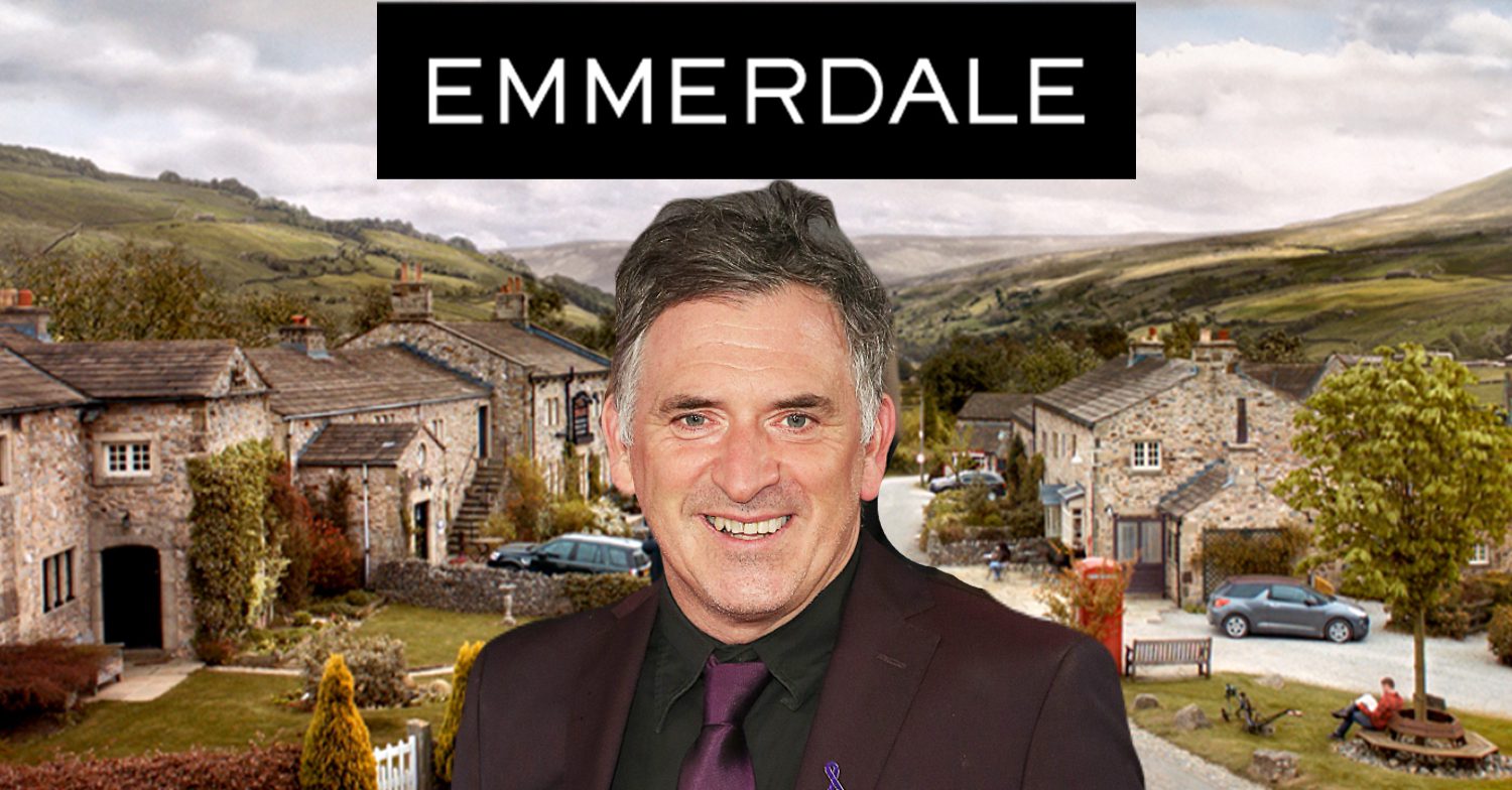 Emmerdale's Tony Audenshaw, the Emmerdale logo and the background of the Dales