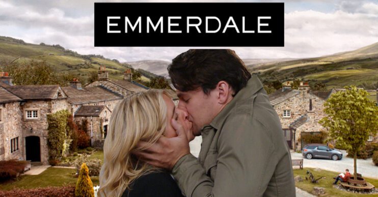 Emmerdale's Charity and Mack are kissing, the Emmerdale logo and background of the Dales