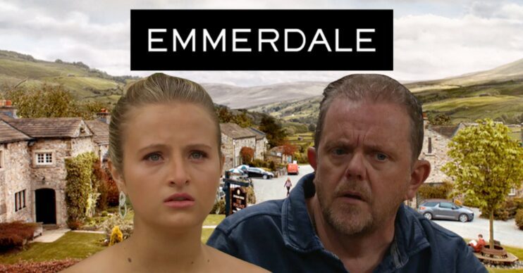 Amelia and Dan looking worried on Emmerdale; inset, show logo and background (Credit: ITV/Composite: ED!)