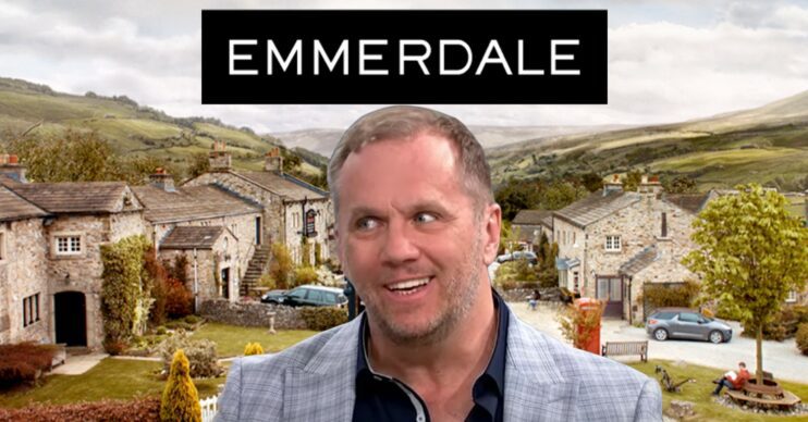 Emmerdale star Dean Andrews laughing and smiling against soap background and logo (Credit: ITV/YouTube/Composite: ED!)