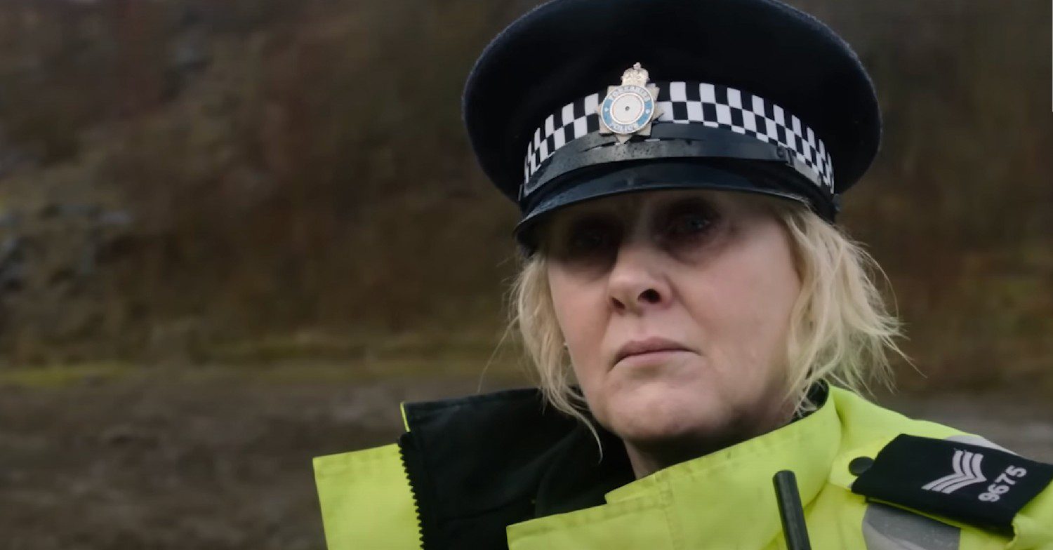 Actress Sarah Lancashire in a police uniform on the set of Happy Valley