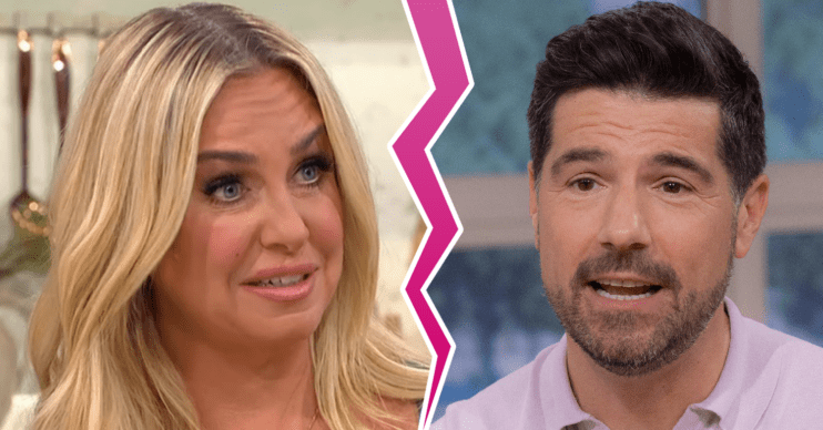 Josie Gibson and Craig Doyle separated by a pink crack