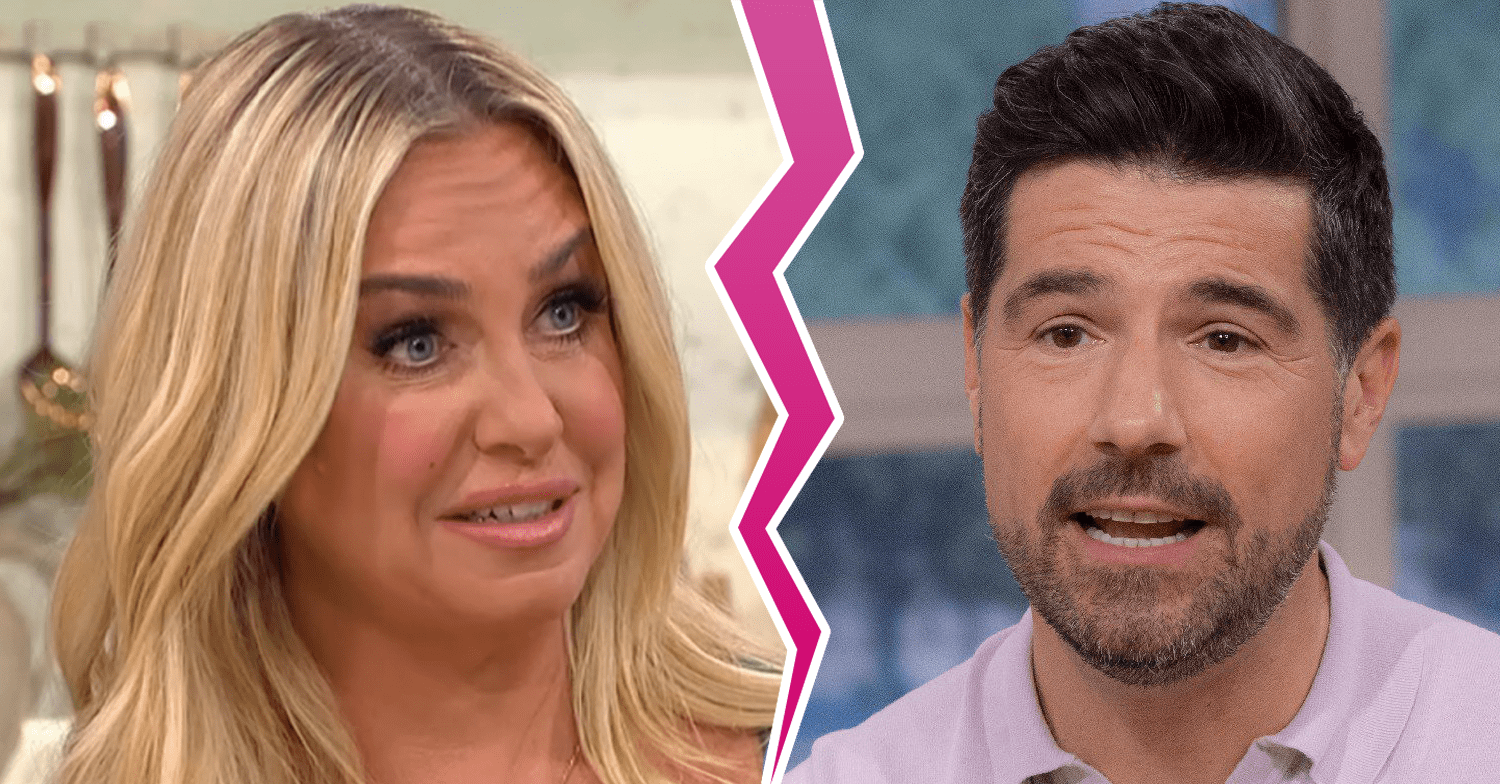 Josie Gibson and Craig Doyle separated by a pink crack